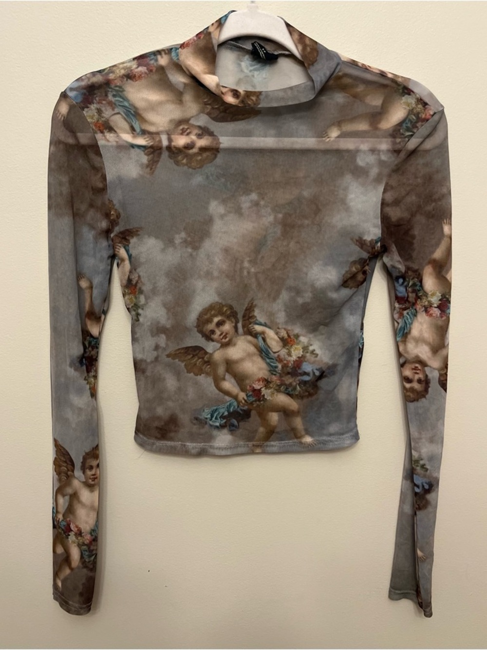 Urban Outfitters Renaissance Cherub Long Sleeve Sheer Mesh Crop Top Womens Small